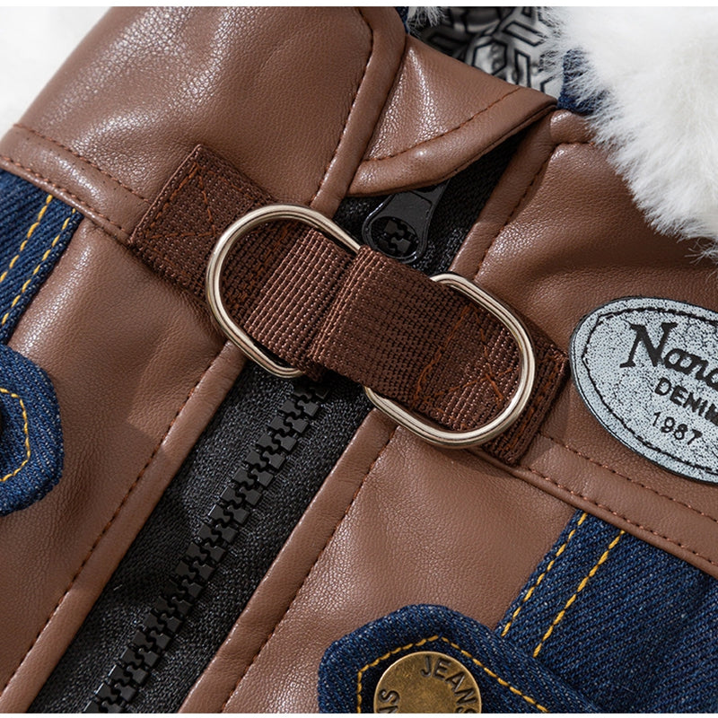 Retro Denim & Leather Pet Jacket with Faux Fur Collar | Dogs & Cats