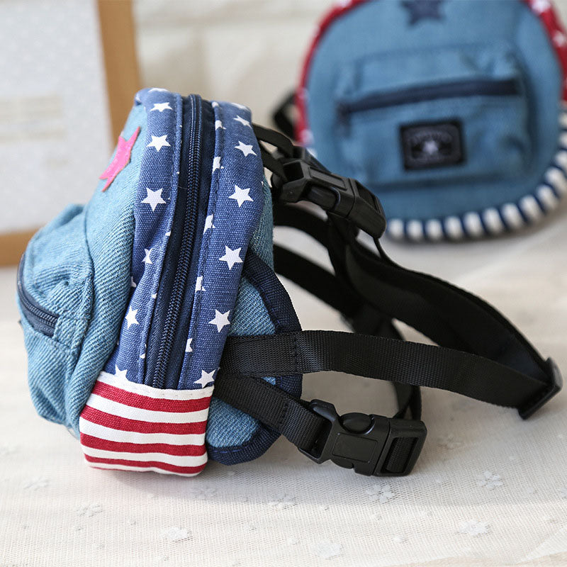Denim Pet Harness Backpack – Blue & Red | Dogs & Cats
