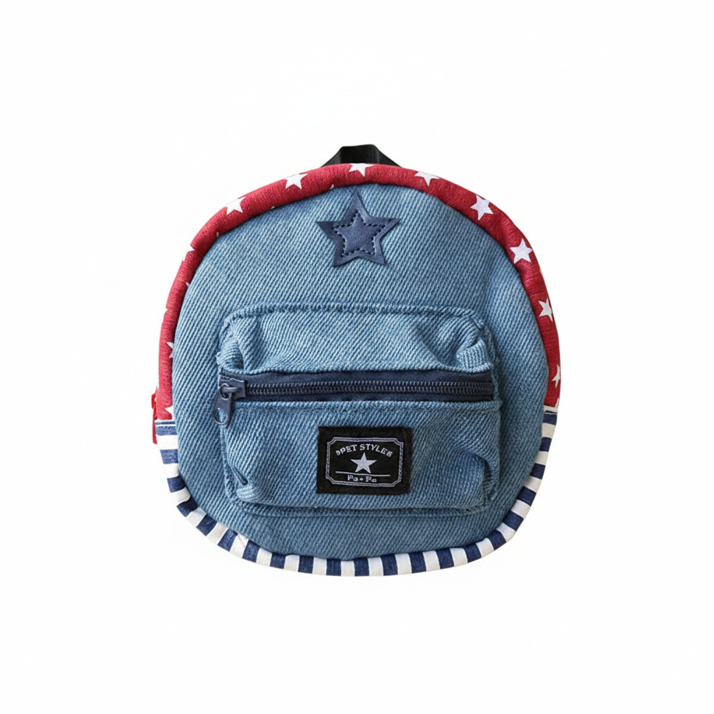 Denim Pet Harness Backpack – Blue & Red | Dogs & Cats