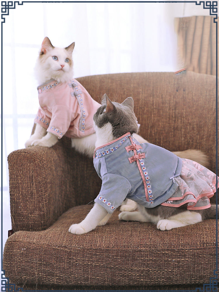 Vintage Bow One-Piece Cat Dress — Elegant Spring Style in Blue, Pink & White