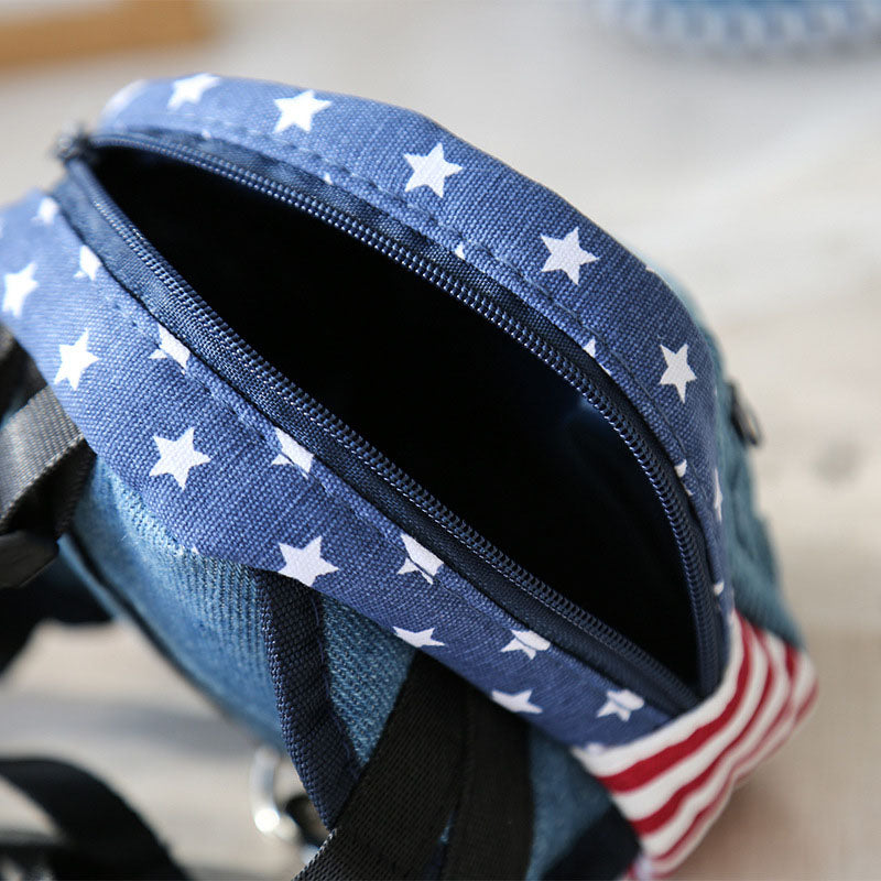 Denim Pet Harness Backpack – Blue & Red | Dogs & Cats