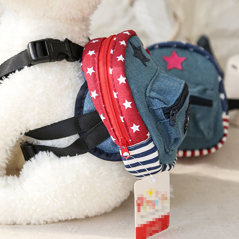 Denim Pet Harness Backpack – Blue & Red | Dogs & Cats