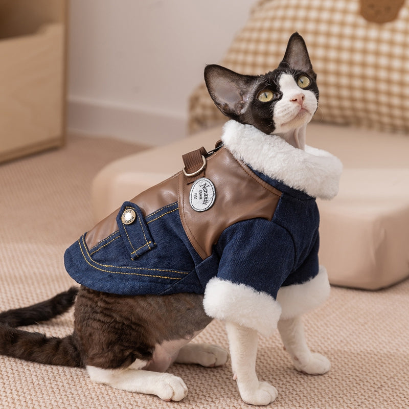 Retro Denim & Leather Pet Jacket with Faux Fur Collar | Dogs & Cats