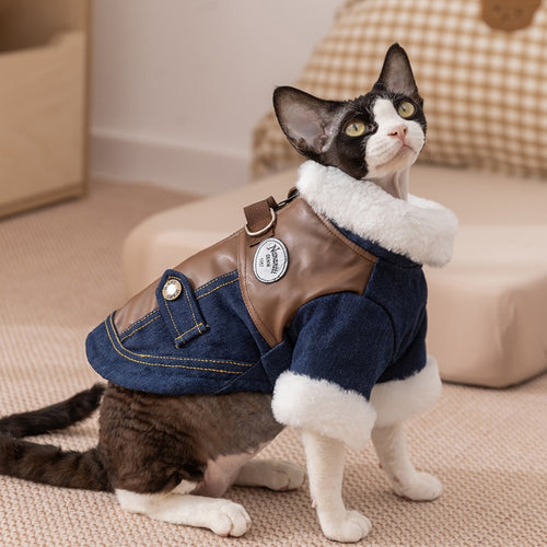Retro Denim & Leather Pet Jacket with Faux Fur Collar | Dogs & Cats