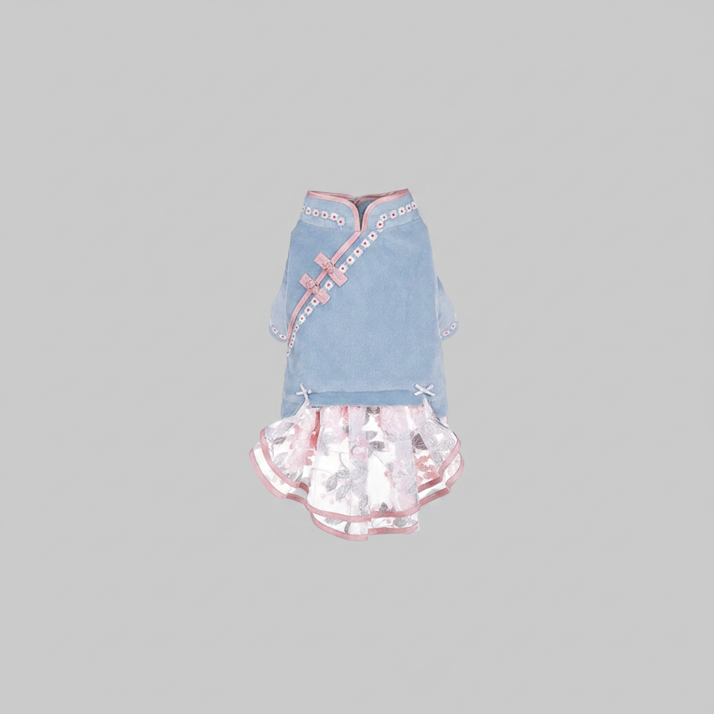 Vintage Bow One-Piece Cat Dress — Elegant Spring Style in Blue, Pink & White