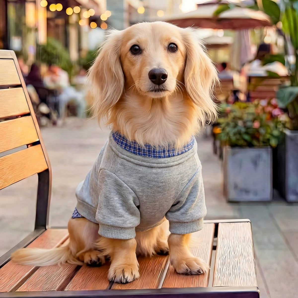 Preppy Style Pet Pullover | Blue with Checked Collar & Hem | Small Dogs & Cats