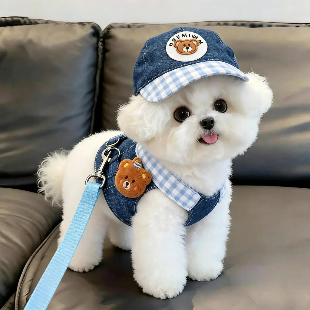 FurlyTails 3-Piece Denim Pet Outdoor Set | Harness, Leash & Sun Hat | Dogs & Cats | XS–XL