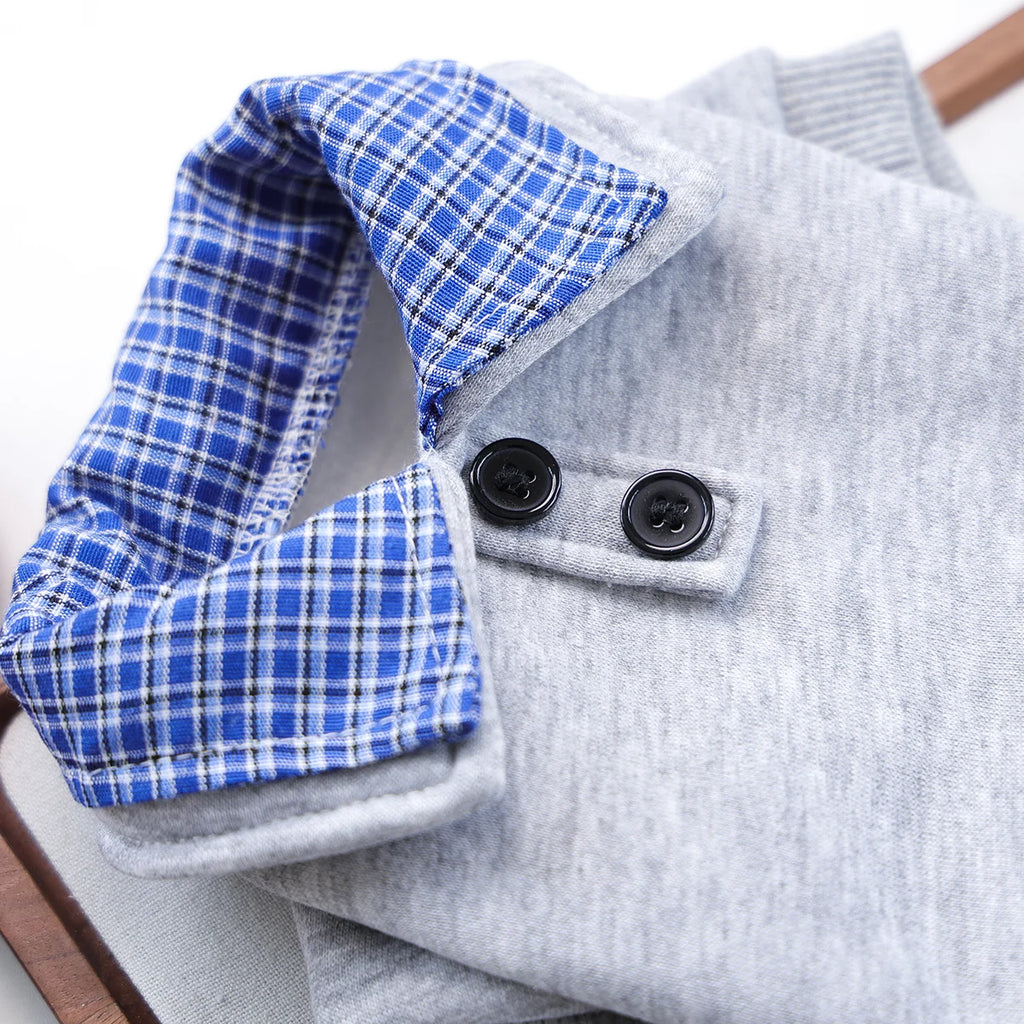 Preppy Style Pet Pullover | Blue with Checked Collar & Hem | Small Dogs & Cats