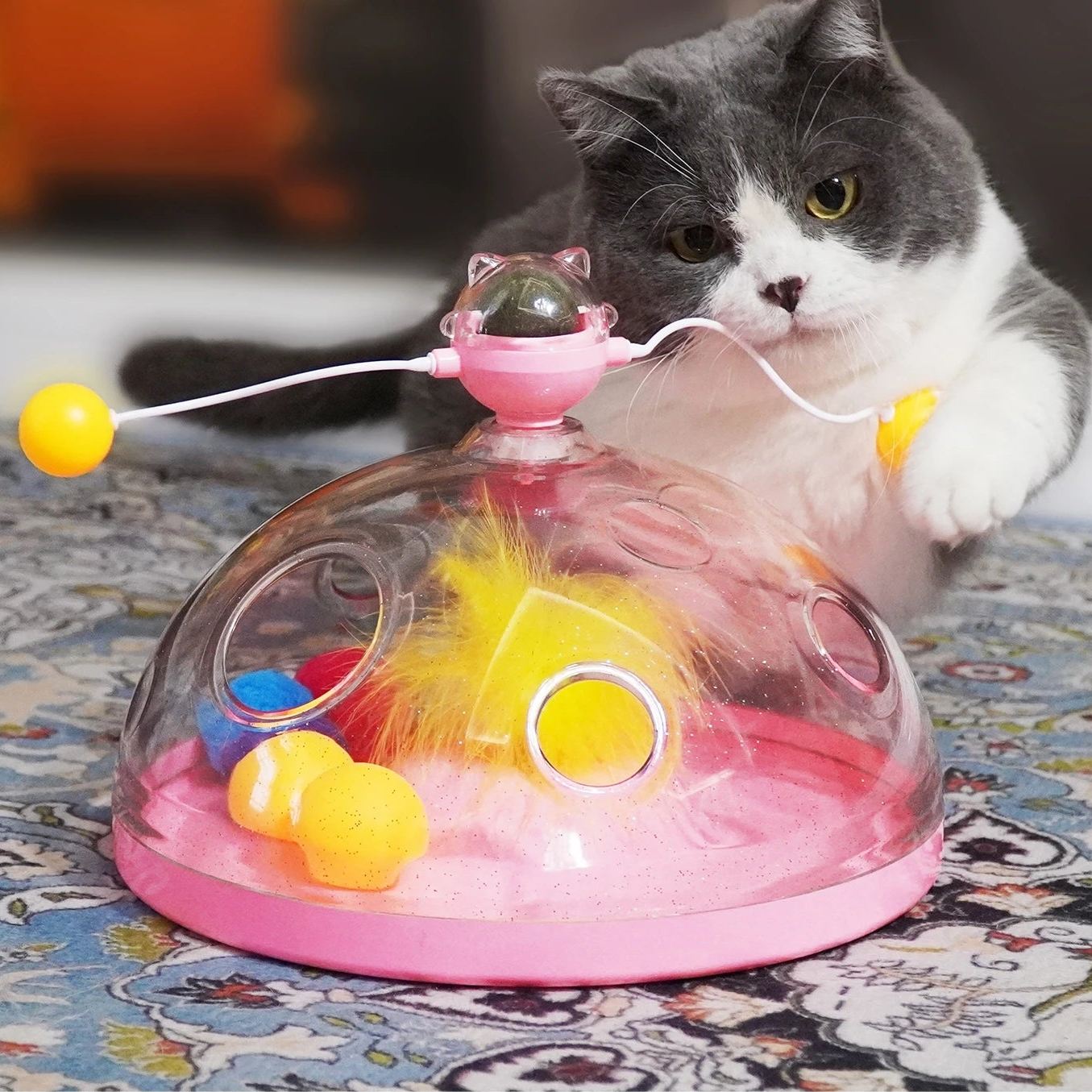 Interactive Cat Puzzle Toy – Spinning Track, Balls & Feather Teaser