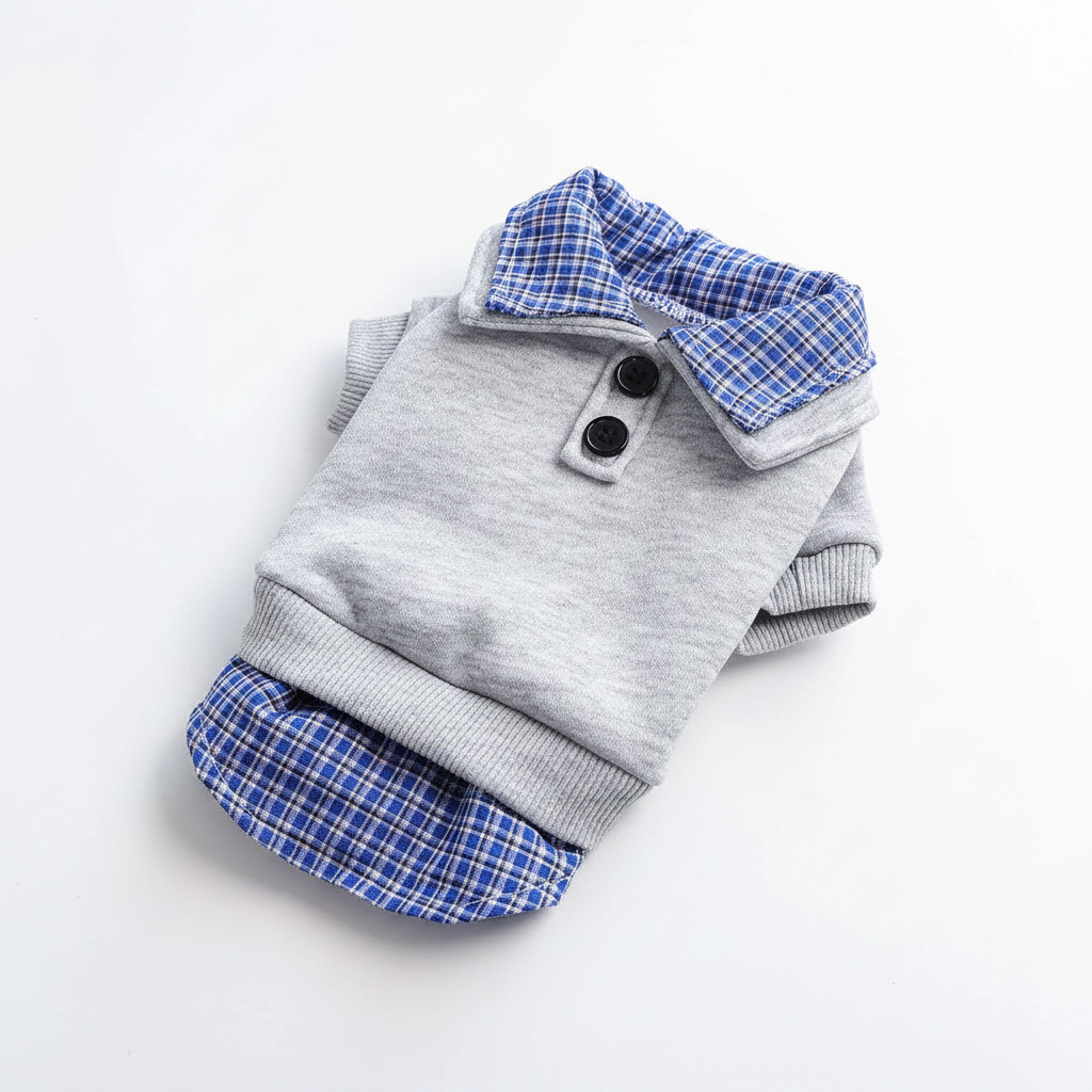 Preppy Style Pet Pullover | Blue with Checked Collar & Hem | Small Dogs & Cats