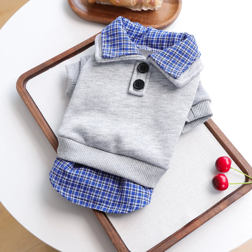 Preppy Style Pet Pullover | Blue with Checked Collar & Hem | Small Dogs & Cats