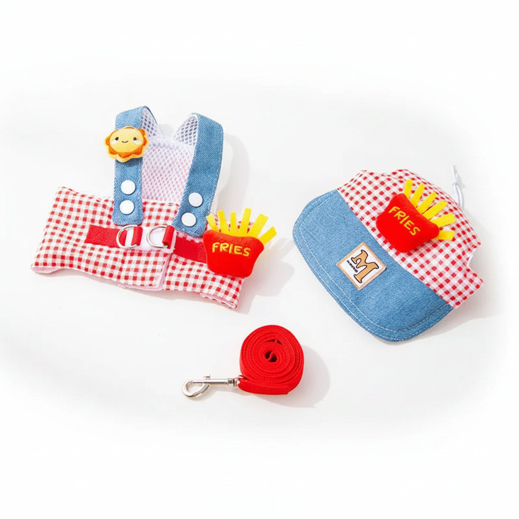 FurlyTails 3-Piece Denim Pet Outdoor Set | Harness, Leash & Sun Hat | Dogs & Cats | XS–XL