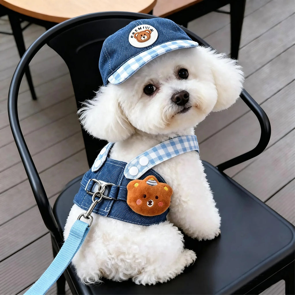 FurlyTails 3-Piece Denim Pet Outdoor Set | Harness, Leash & Sun Hat | Dogs & Cats | XS–XL