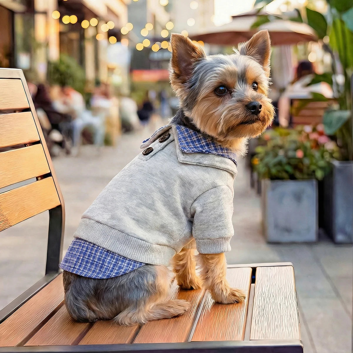 Preppy Style Pet Pullover | Blue with Checked Collar & Hem | Small Dogs & Cats