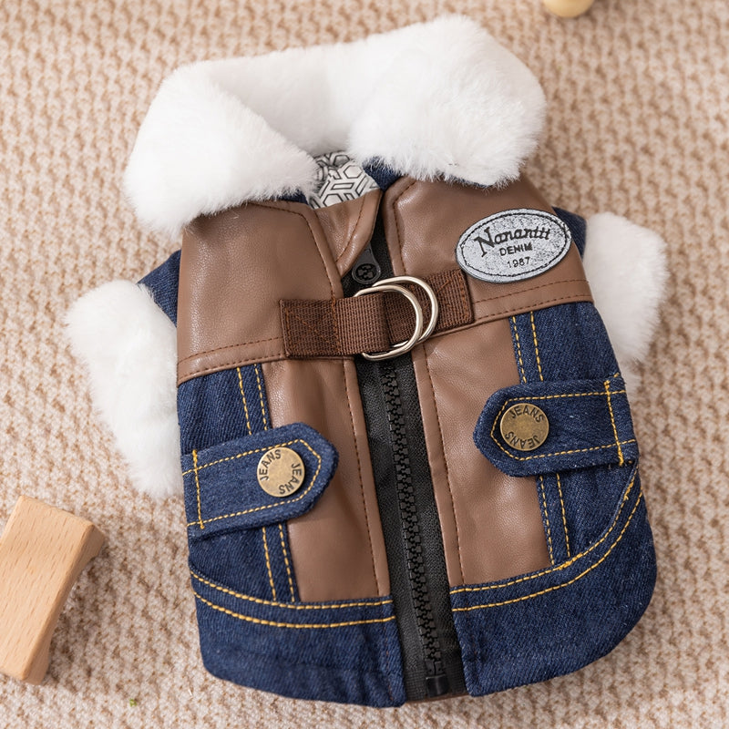 Retro Denim & Leather Pet Jacket with Faux Fur Collar | Dogs & Cats