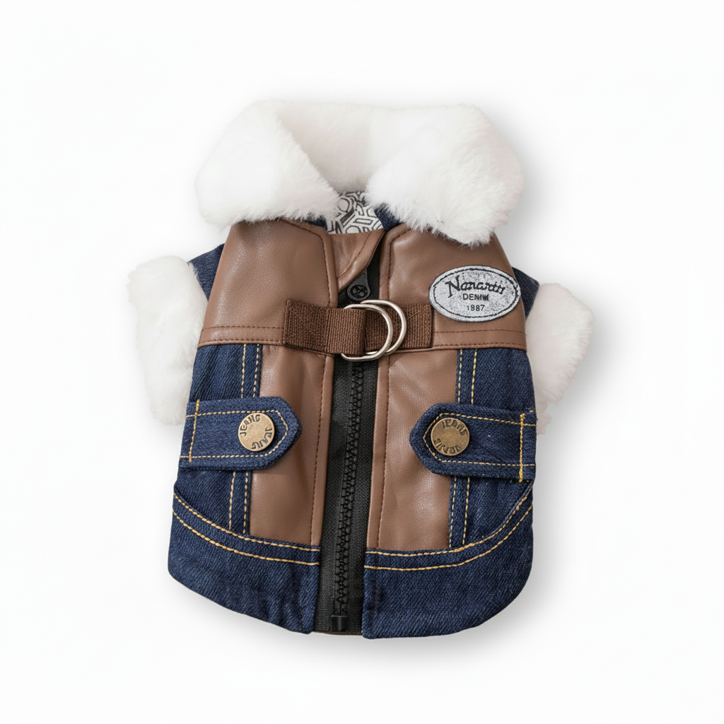 Retro Denim & Leather Pet Jacket with Faux Fur Collar | Dogs & Cats